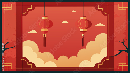 Traditional chinese new year scene with red lanterns clouds and decorative borders