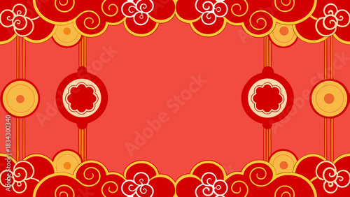 Traditional chinese new year decorative border with lanterns and auspicious clouds in red and gold