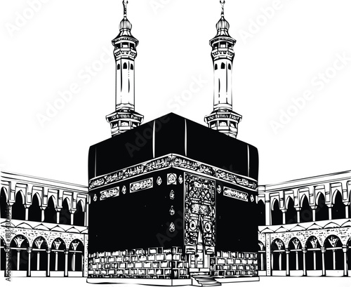 Kaaba with minarets and arcades, iconic islamic holy site vector