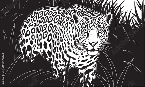 Black and white illustration of a jaguar in tall grass big cat wild animal