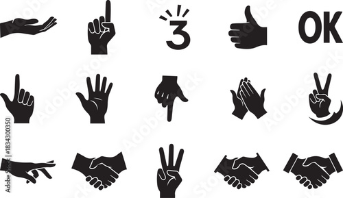 Black and white icons depicting various hand gestures and actions symbol sign
