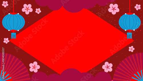 Festive chinese new year background with lanterns cherry blossoms and decorative fans