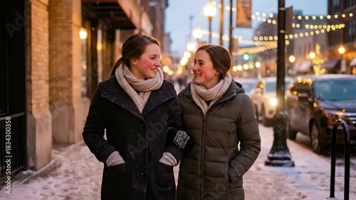 Happy Young Women Walking Arm-in-Arm on a Snowy City Street During a Festive Winter Evening