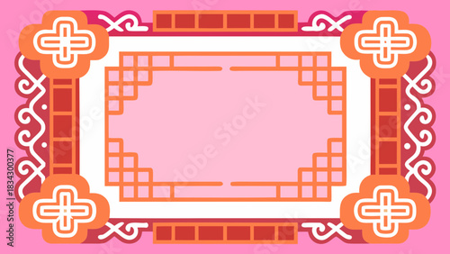 Decorative ornate border with geometric patterns and floral motifs in pink and orange hues