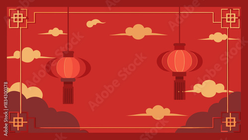 Traditional chinese lanterns and clouds adorn a festive red background with decorative borders