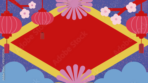 Vibrant chinese new year celebration with red lanterns cherry blossoms and festive decorations