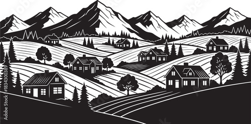 Black and white illustration of a rural landscape with mountains and houses countryside