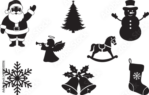 Christmas Icons Silhouette Collection Santa Claus Snowman Tree Angel Bells Stocking