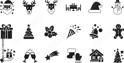 Collection of Black and White Icons for Christmas and New Year Celebrations holiday