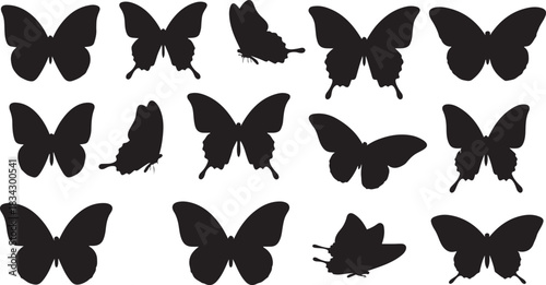 Collection of black butterfly silhouettes in various poses and angles insect wing