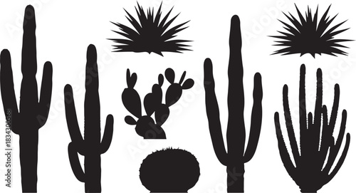 Collection of Black Silhouettes of Various Desert Cacti Plants cactus succulent