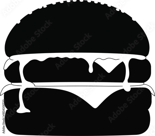 Minimalist black silhouette of a melty cheeseburger