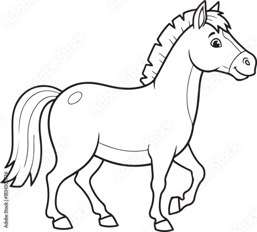Outline drawing of a horse walking on a white background for coloring animal illustration
