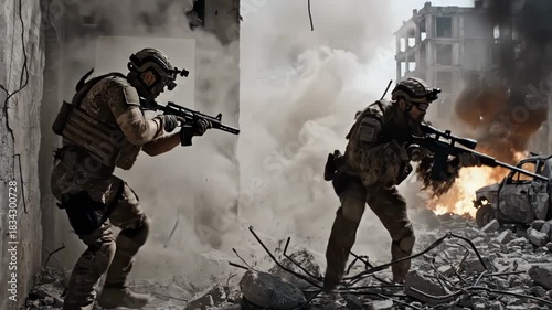 Wallpaper Mural Two heavily armed special forces soldier in tactical gear engaging in combat amidst smoke, debris, and fire in a war zone Torontodigital.ca