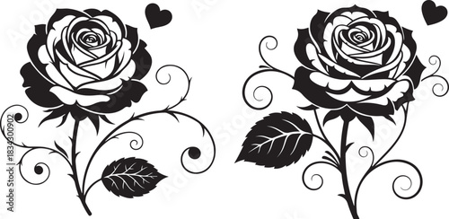 Two Stylized Black Roses with Swirling Stems and Hearts on White Background Keywords: rose, flower, floral