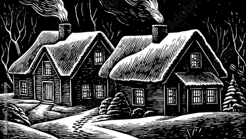 rural houses with thick snowy rooftops and warm window lights create a lovely welcoming Christmas 2026 setting