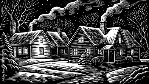 rural houses with thick snowy rooftops and warm window lights create a lovely welcoming Christmas 2026 setting