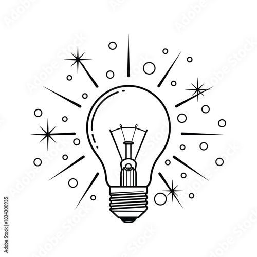 Black and white line art light bulb with radiating lines and circles idea innovation