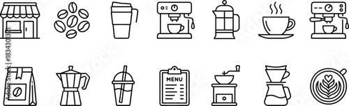 Coffee Shop and Cafe Outline Icons Vector Set, Barista and Brewing Thin Line Symbols, Coffee Beans, Espresso Machine, French Press, Menu, Latte Art