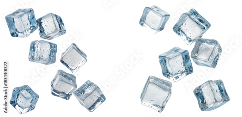 Four flying ice cubes cut out, Falling ice cubes cut out, Set of flying melting ice cubes, cut out, Frozen crystal ice blocks floating, isolated on transparent cutout background, Floating ice cubes