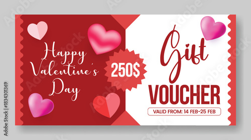 Creative Valentine’s Day gift voucher discount coupon gift card reward giveaway template design using layered 3D heart shapes and stylish vector illustration background web banner