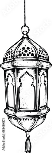 Vintage hand-drawn arabic lantern, intricate details, festive art