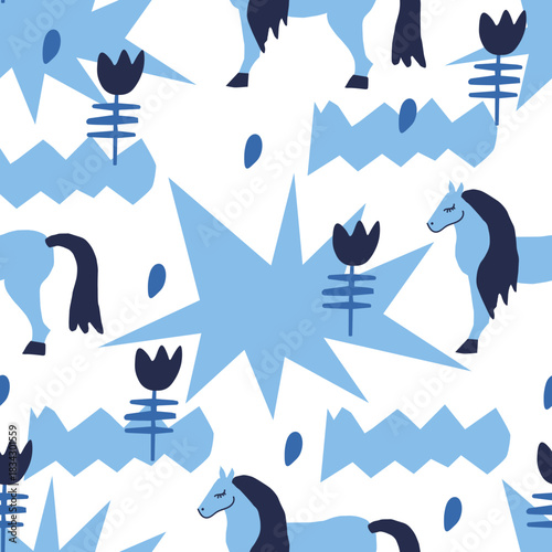 Vector seamless pattern with Christmas blue elements on an isolated white background. Animalistic and botanical print in a modern flat style with horses.