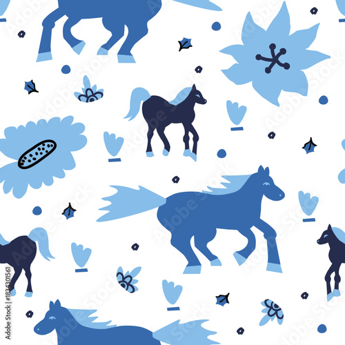 Vector seamless pattern with Christmas blue elements on an isolated white background. Animalistic and botanical print in a modern flat style with horses.
