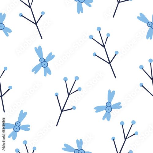 Vector seamless pattern with Christmas blue elements on an isolated white background. Animalistic and botanical print in a modern flat style with horses.