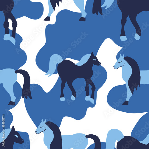 Vector seamless pattern with Christmas blue elements on an isolated white background. Animalistic and botanical print in a modern flat style with horses.