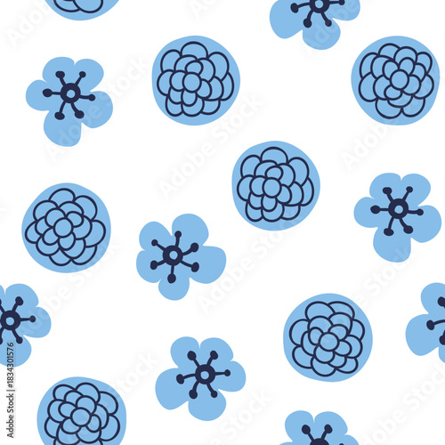 Vector seamless pattern with Christmas blue elements on an isolated white background. Animalistic and botanical print in a modern flat style with horses.