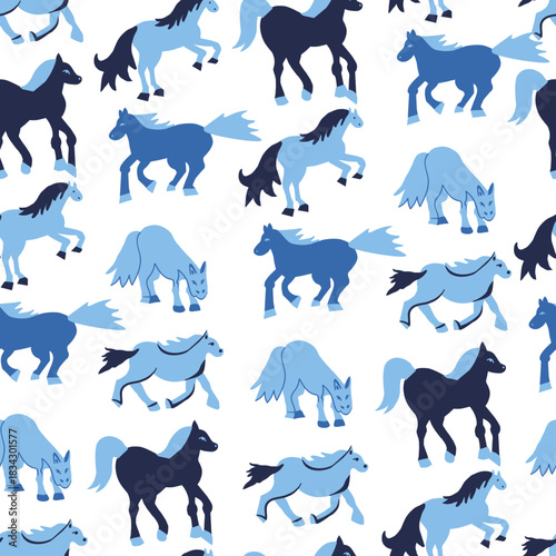 Vector seamless pattern with Christmas blue elements on an isolated white background. Animalistic and botanical print in a modern flat style with horses.
