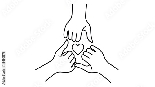 Three hands reach together to form a heart shape, symbolizing unity and love.