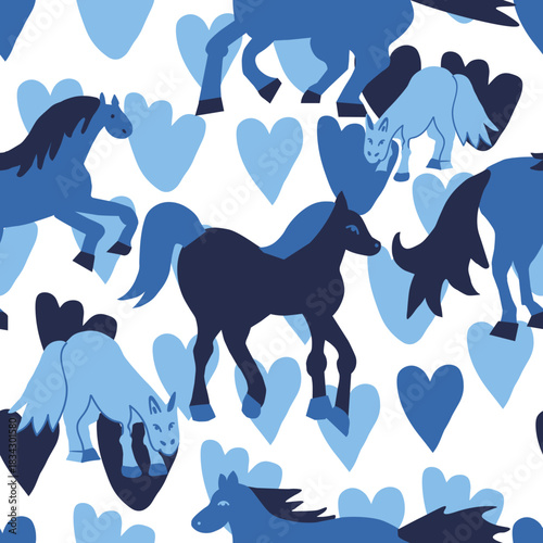 Vector seamless pattern with Christmas blue elements on an isolated white background. Animalistic and botanical print in a modern flat style with horses.