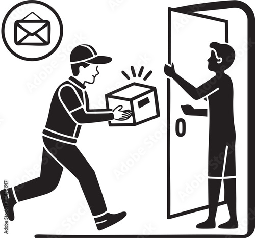 Delivery person handing a package to a person at the door isolated on transparent background
