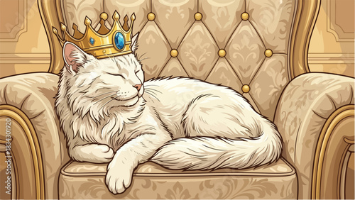 Majestic cat king wearing a golden crown resting on a throne.