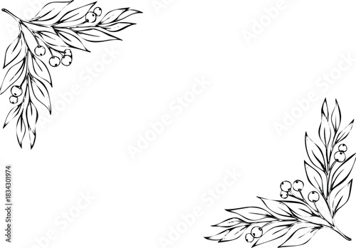 Hand drawn botanical corners with leaves and berries decoration