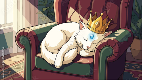 A regal cat wearing a crown sleeps peacefully in a cozy armchair.