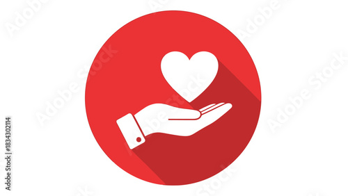 A white hand gently holds a white heart symbol against a red circular background.