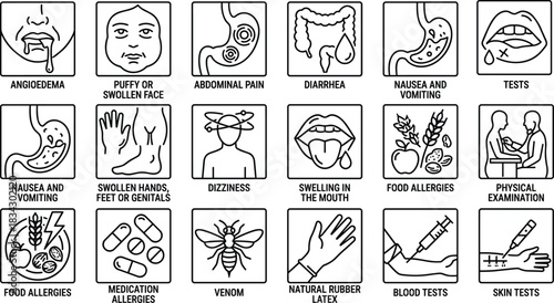 Allergy icon set, medical symptoms symbols, diagnostic graphics, health condition visuals, blue theme, immune reaction, test and evaluation elements