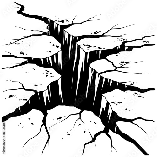 Dramatic earth crack symbolizes crisis, failure, or geological disaster; strong visual metaphor