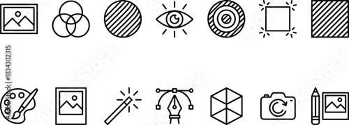 Graphic Design and Photo Editing Outline Icons Vector Set, Creative Digital Art Thin Line Symbols, Palette, Camera, Magic Wand, Pen Tool, Visual Concept