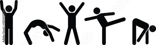 Exercise icon set, stretching silhouettes, fitness poses, yoga movements, body balance graphics, black and white design, wellness illustration