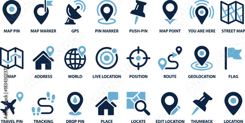 Location icon set, map symbols, GPS graphics, navigation tools, travel and tracking visuals, blue theme, geolocation design elements