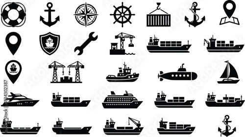Maritime icon set, shipping and transport symbols, nautical graphics, cargo vessel silhouettes, anchor and compass visuals, black theme, logistics elements