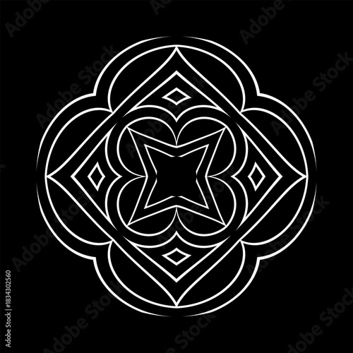 Abstract White Line Design Element on Black Background. Radial Symmetrical Pattern. 