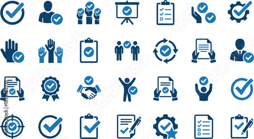 Verification icon set, approval symbols, quality assurance graphics, compliance visuals, task completion tools, blue theme, certification and teamwork elements