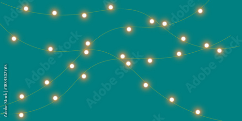 Festive glowing string lights arranged in gentle curves on a solid teal background.