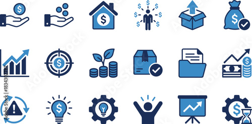 Business and finance icon set, investment symbols, money growth graphics, productivity visuals, blue theme, economic strategy and planning elements