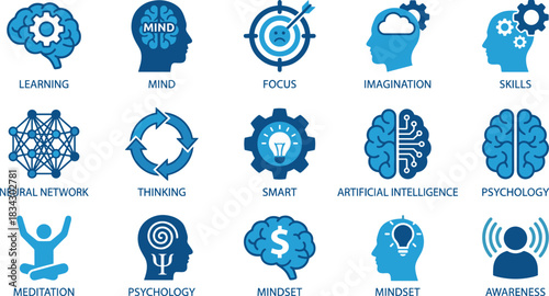 Cognitive function icon set, mental health symbols, psychology and AI graphics, brain and mindset visuals, blue theme, awareness elements